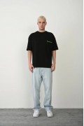 Erkek Baskılı T-Shirt Kısa Kol Bisiklet Yaka Rahat Kalıp Tişört  - Siyah