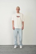 Erkek Baskılı T-Shirt Kısa Kol Bisiklet Yaka Rahat Kalıp Tişört  - Beyaz
