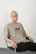 Erkek Baskılı T-Shirt Kısa Kol Bisiklet Yaka Rahat Kalıp Tişört  - Boyalı Gri