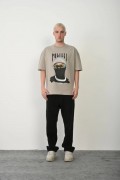Erkek Baskılı T-Shirt Kısa Kol Bisiklet Yaka Rahat Kalıp Tişört - Boyalı Gri