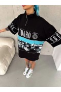 Kadın Baskılı Yarım Fermuarlı Kısa kol T-Shirt - Siyah