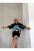 Kadın Baskılı Yarım Fermuarlı Kısa kol T-Shirt - Siyah