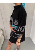 Kadın Baskılı Yarım Fermuarlı Kısa kol T-Shirt - Siyah