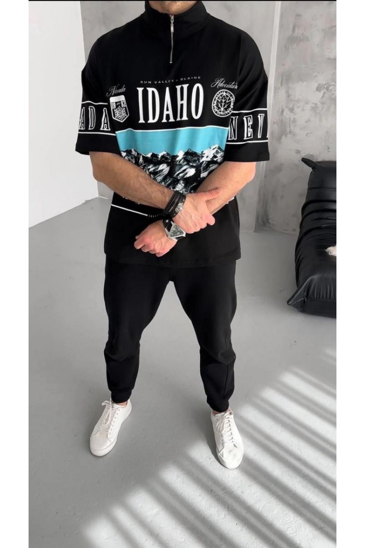 Erkek  Baskılı Yarım Fermuarlı  Kısa kol T-Shirt - Siyah