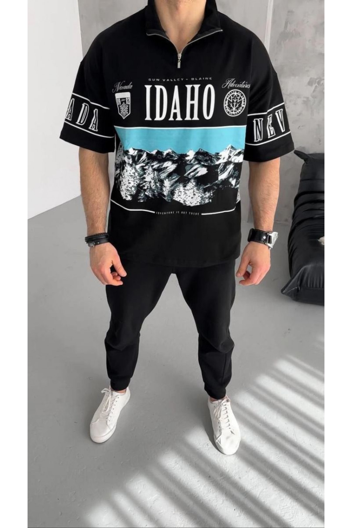 Erkek  Baskılı Yarım Fermuarlı  Kısa kol T-Shirt - Siyah