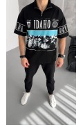 Erkek  Baskılı Yarım Fermuarlı  Kısa kol T-Shirt - Siyah