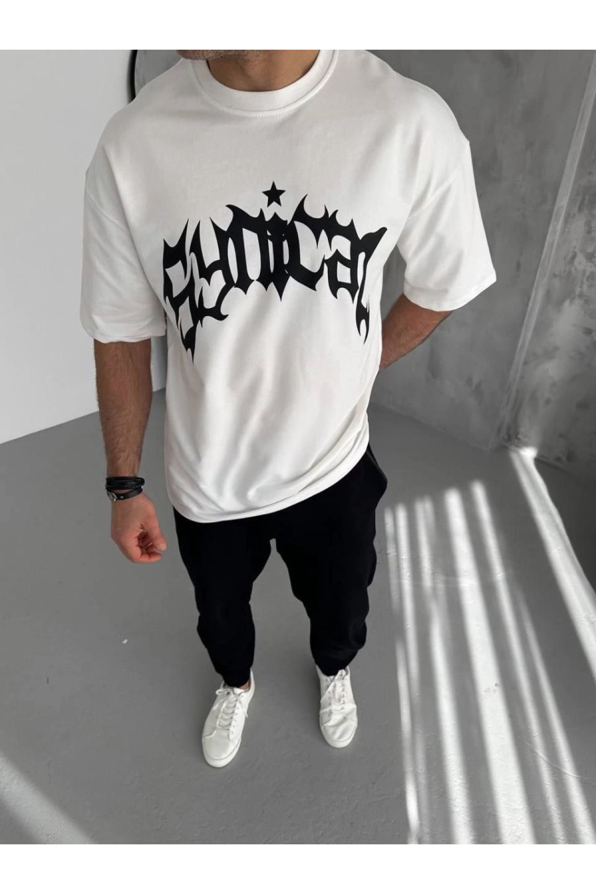 Erkek Baskılı Bisiklet Yaka T-Shirt - Beyaz