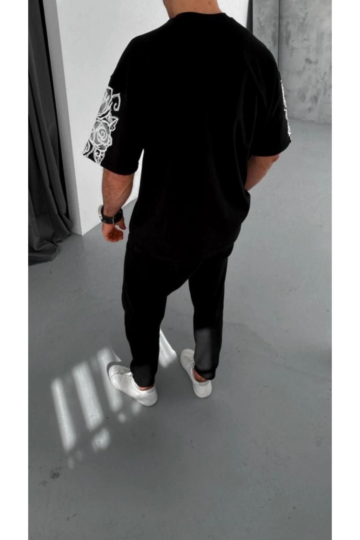 Erkek Kısa Kol Yazlık Tişört Bisiklet Yaka Baskılı Oversize T-Shirt - Siyah