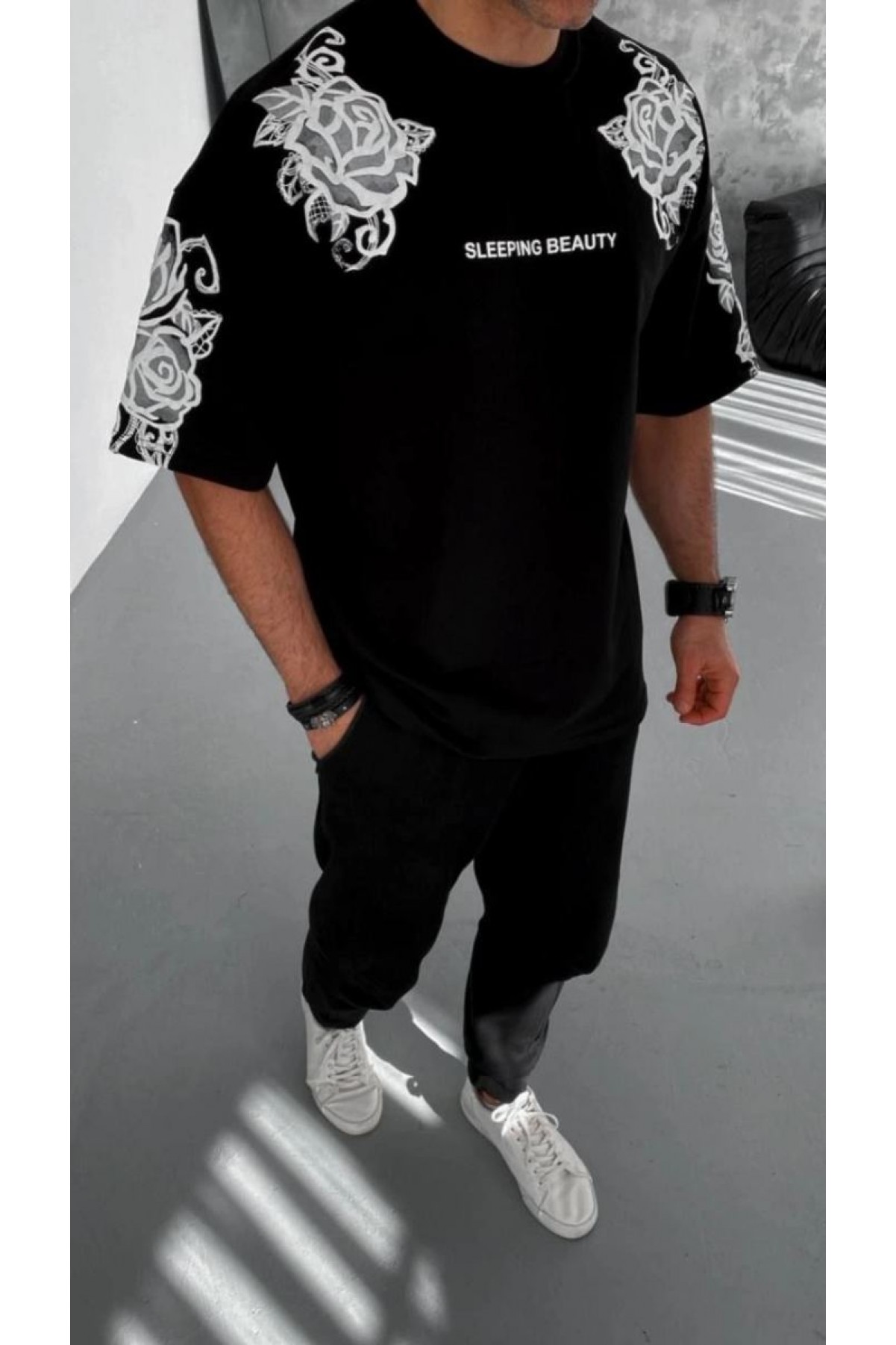 Erkek Kısa Kol Yazlık Tişört Bisiklet Yaka Baskılı Oversize T-Shirt - Siyah