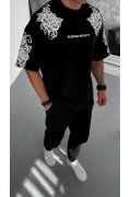 Erkek Kısa Kol Yazlık Tişört Bisiklet Yaka Baskılı Oversize T-Shirt - Siyah