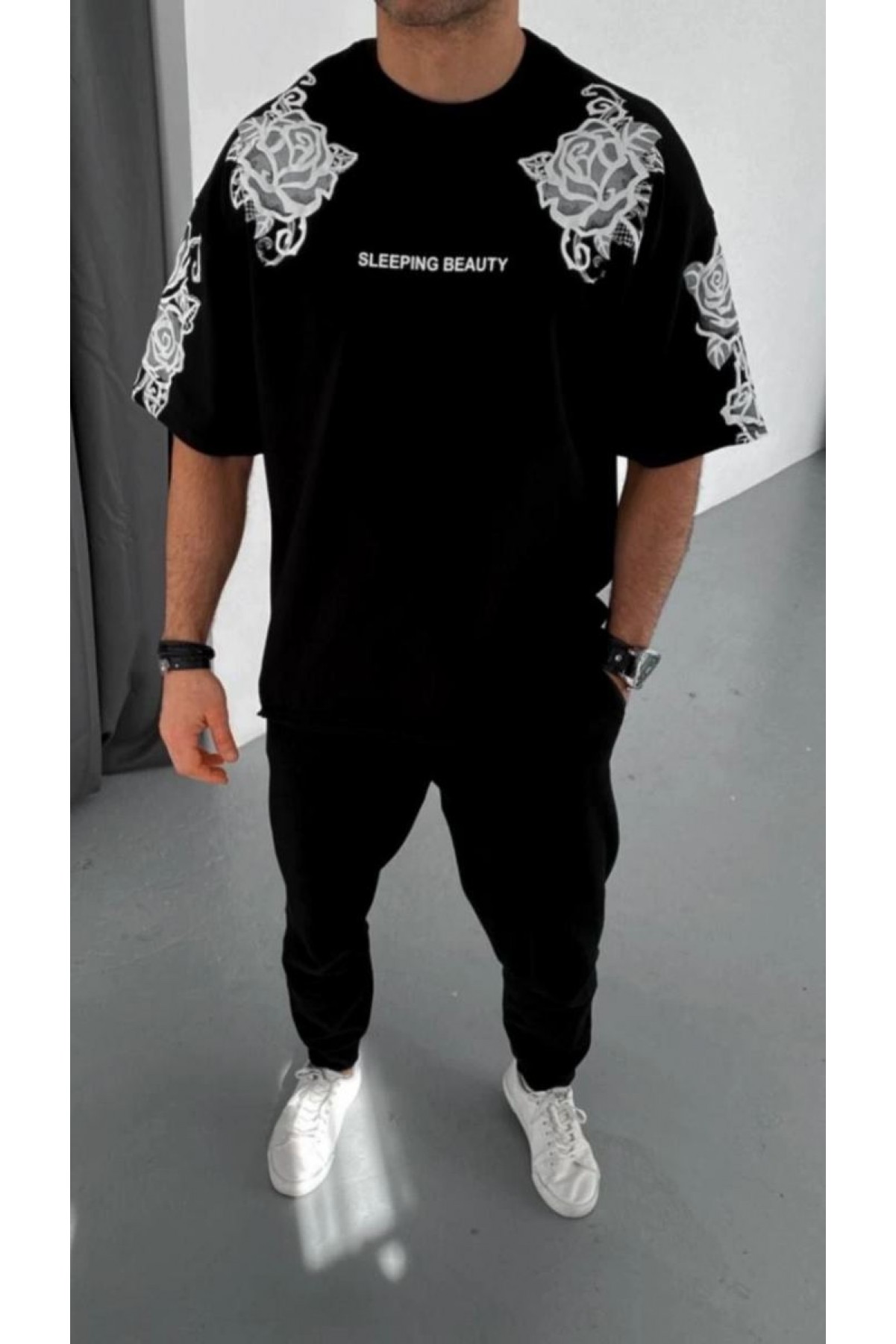 Erkek Kısa Kol Yazlık Tişört Bisiklet Yaka Baskılı Oversize T-Shirt - Siyah
