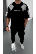 Erkek Kısa Kol Yazlık Tişört Bisiklet Yaka Baskılı Oversize T-Shirt - Siyah