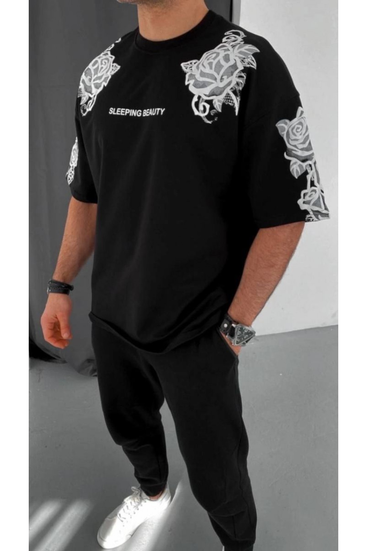 Erkek Kısa Kol Yazlık Tişört Bisiklet Yaka Baskılı Oversize T-Shirt - Siyah