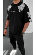 Erkek Kısa Kol Yazlık Tişört Bisiklet Yaka Baskılı Oversize T-Shirt - Siyah