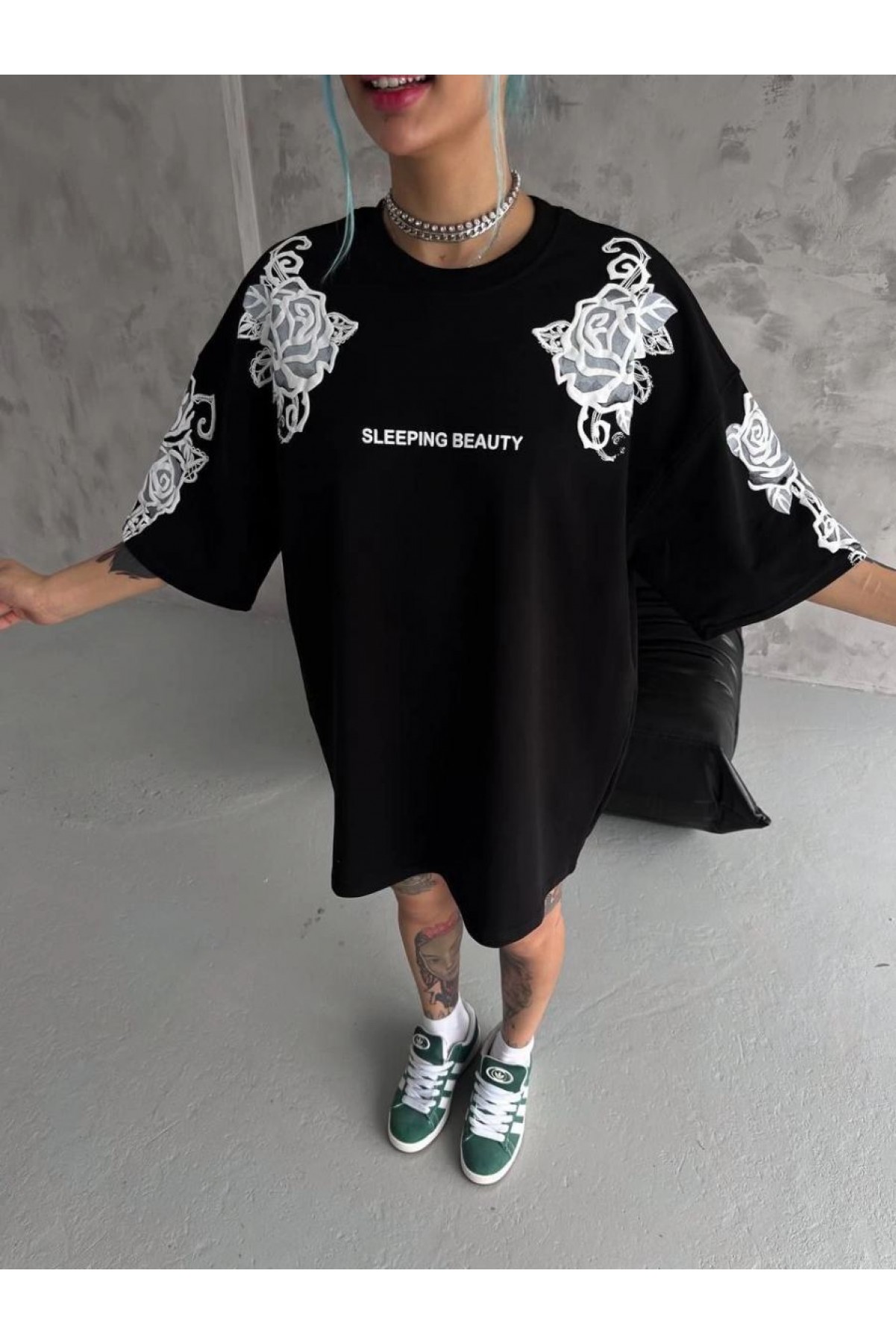 Kadın Kısa Kol Yazlık Tişört Bisiklet Yaka Baskılı Oversize T-Shirt - Siyah