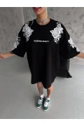 Kadın Kısa Kol Yazlık Tişört Bisiklet Yaka Baskılı Oversize T-Shirt - Siyah