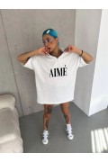 Kadın Yarım Fermuarlı Tişört Kısa kol Baskılı T-Shirt - Beyaz