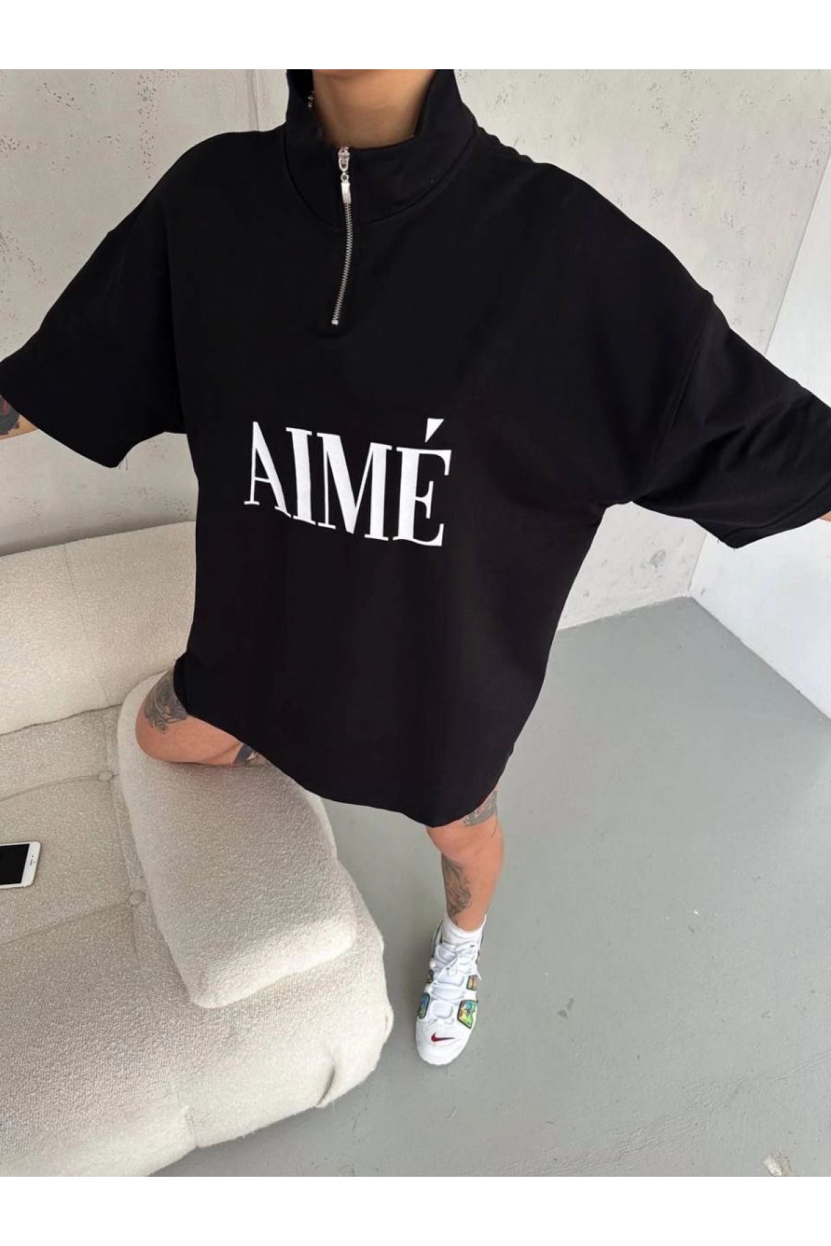 Kadın Yarım Fermuarlı Tişört Baskılı T-Shirt - Siyah
