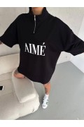 Kadın Yarım Fermuarlı Tişört Baskılı T-Shirt - Siyah