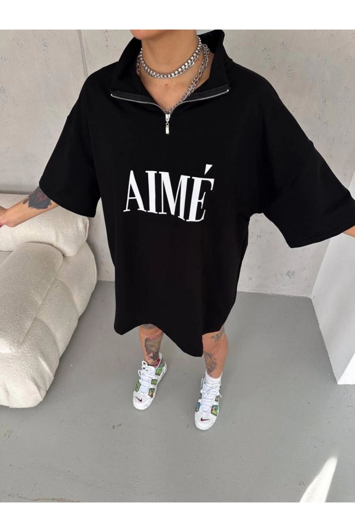 Kadın Yarım Fermuarlı Tişört Baskılı T-Shirt - Siyah