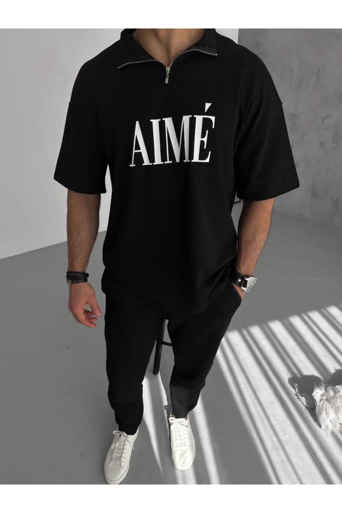 ERKEK Tişört Yakalı Yarım Fermuarlı  Kısa Kol Baskılı T-Shirt - Siyah