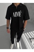 ERKEK Tişört Yakalı Yarım Fermuarlı  Kısa Kol Baskılı T-Shirt - Siyah