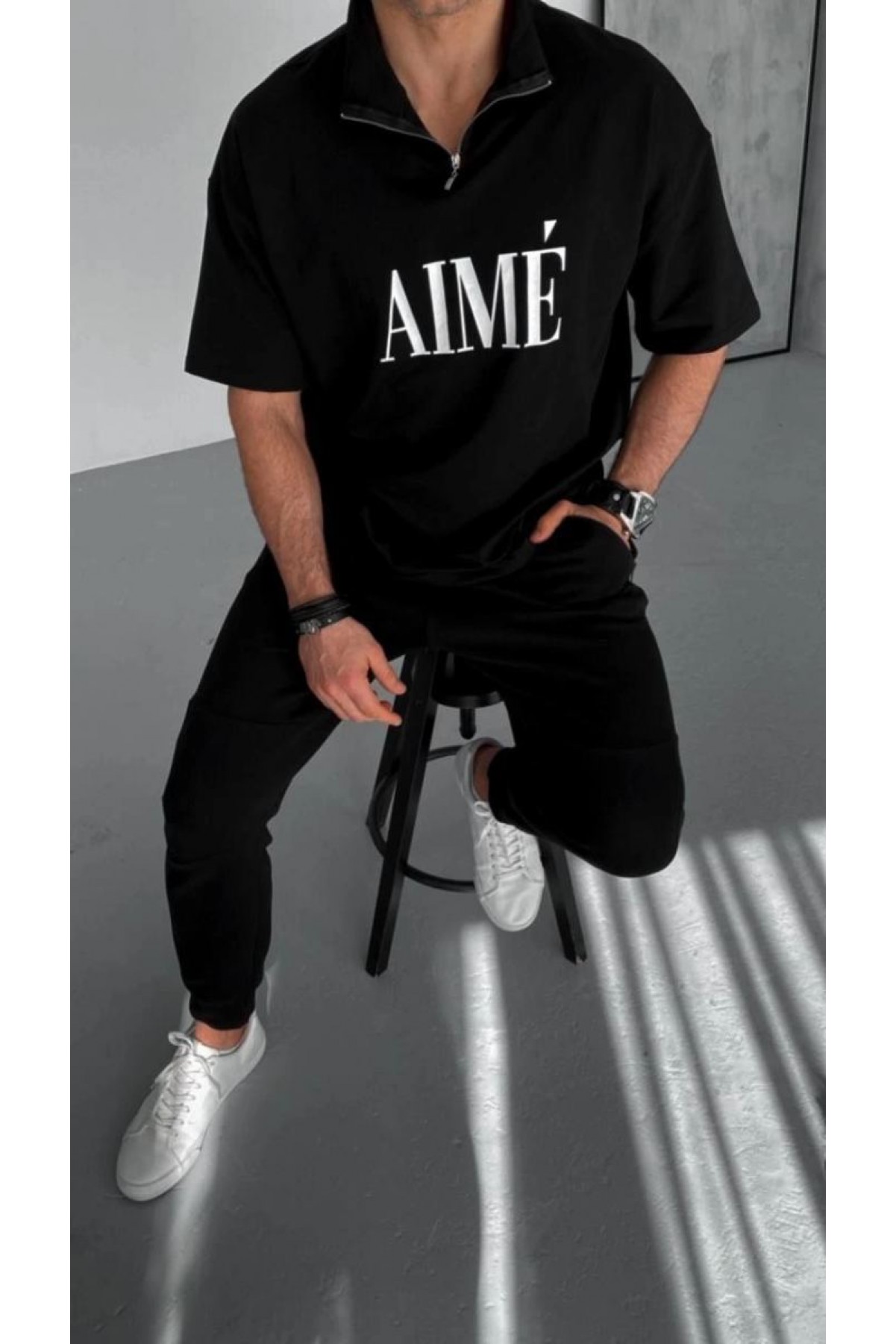 ERKEK Tişört Yakalı Yarım Fermuarlı  Kısa Kol Baskılı T-Shirt - Siyah