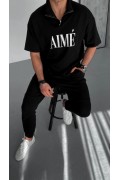 ERKEK Tişört Yakalı Yarım Fermuarlı  Kısa Kol Baskılı T-Shirt - Siyah
