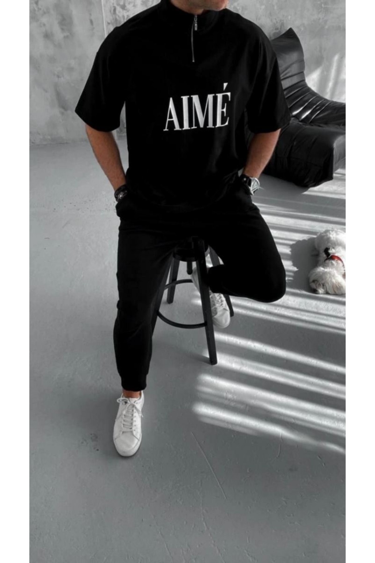 ERKEK Tişört Yakalı Yarım Fermuarlı  Kısa Kol Baskılı T-Shirt - Siyah