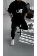 ERKEK Tişört Yakalı Yarım Fermuarlı  Kısa Kol Baskılı T-Shirt - Siyah