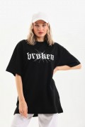 Kadın Kısa Kol Yazlık Tişört Bisiklet Yaka Baskılı Oversize T-Shirt - Siyah