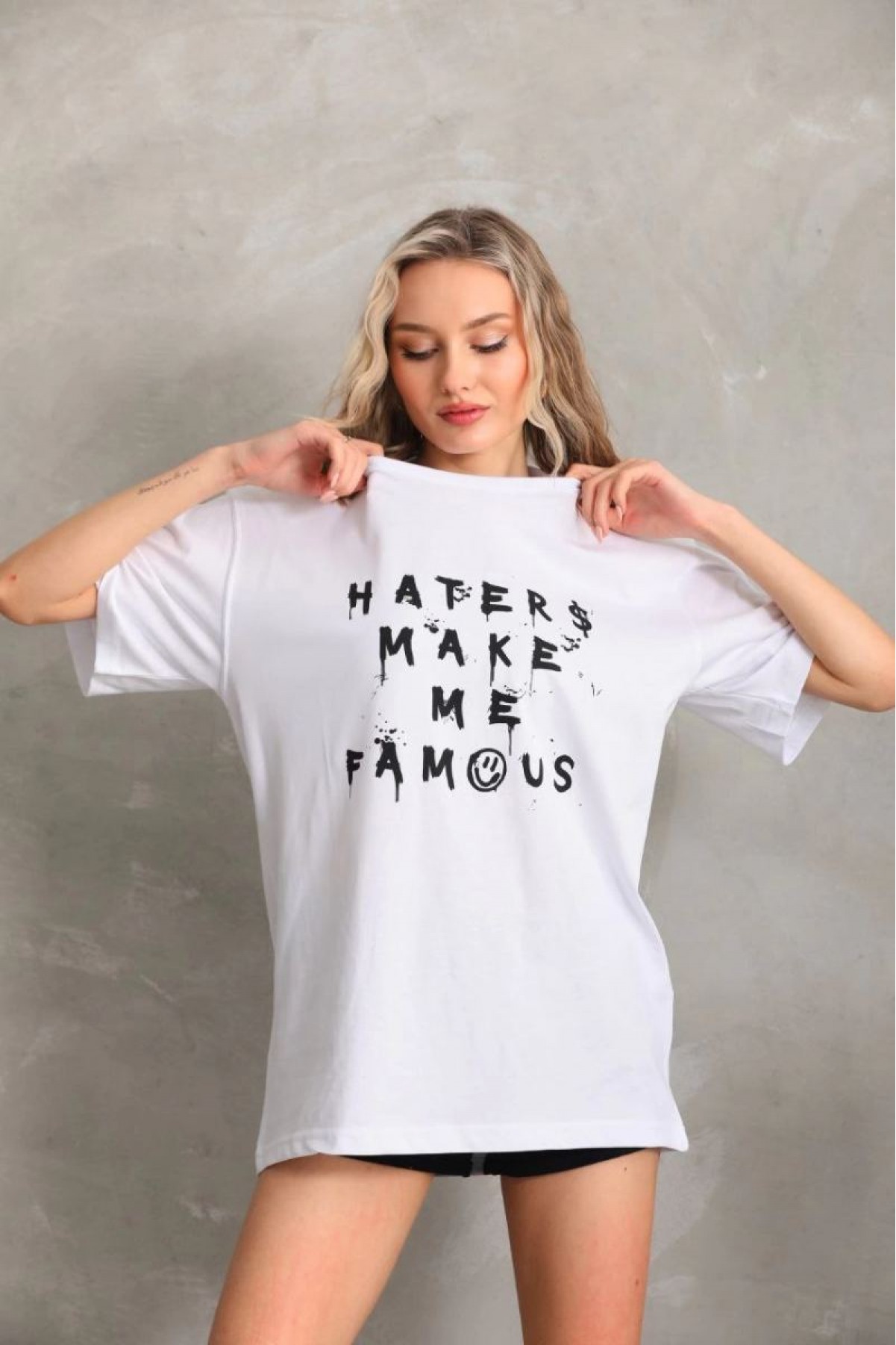 Kadın ön ve arka Baskılı Oversize Kısa kol  T-Shirt - Beyaz