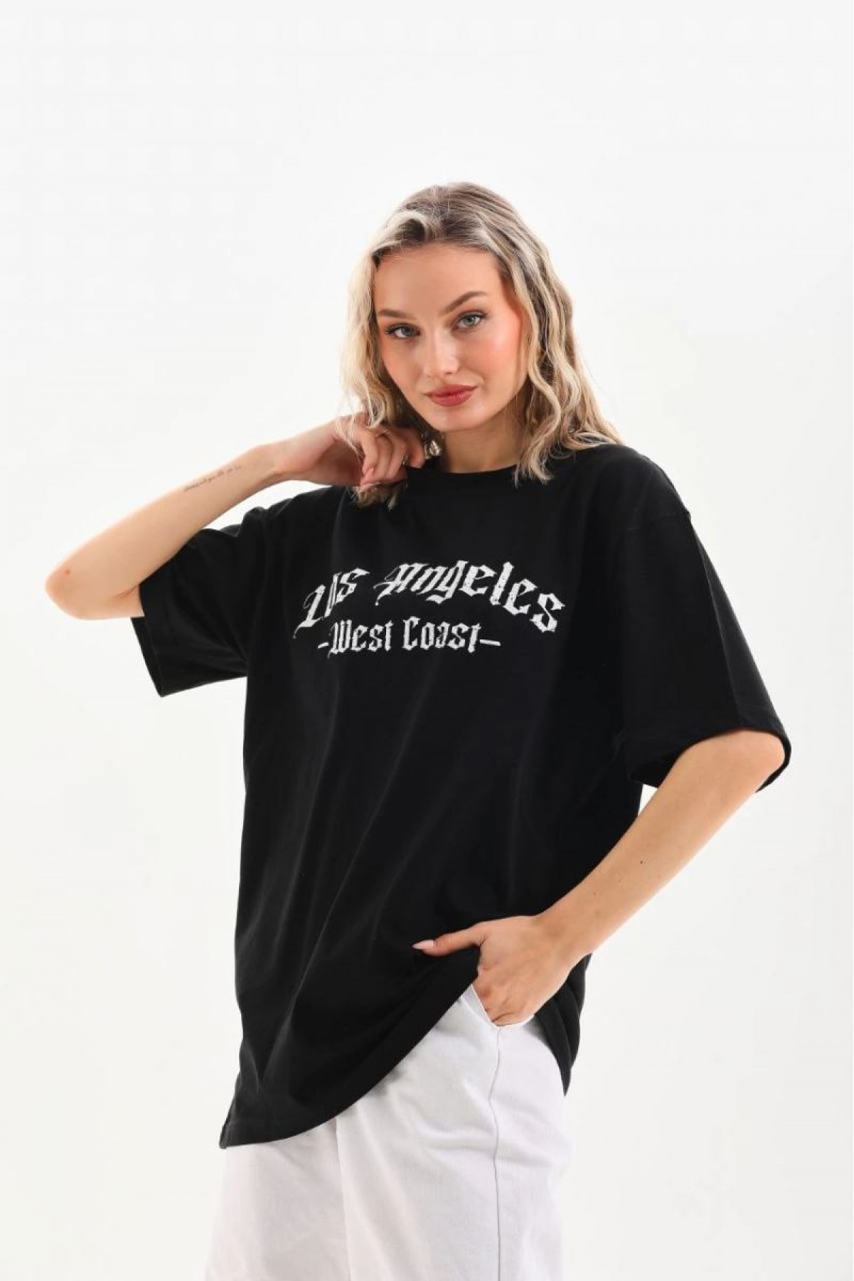 Kadın Baskılı Tişört Kısa Kol Bisiklet Yaka Oversize T-Shirt - Siyah