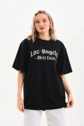 Kadın Baskılı Tişört Kısa Kol Bisiklet Yaka Oversize T-Shirt - Siyah