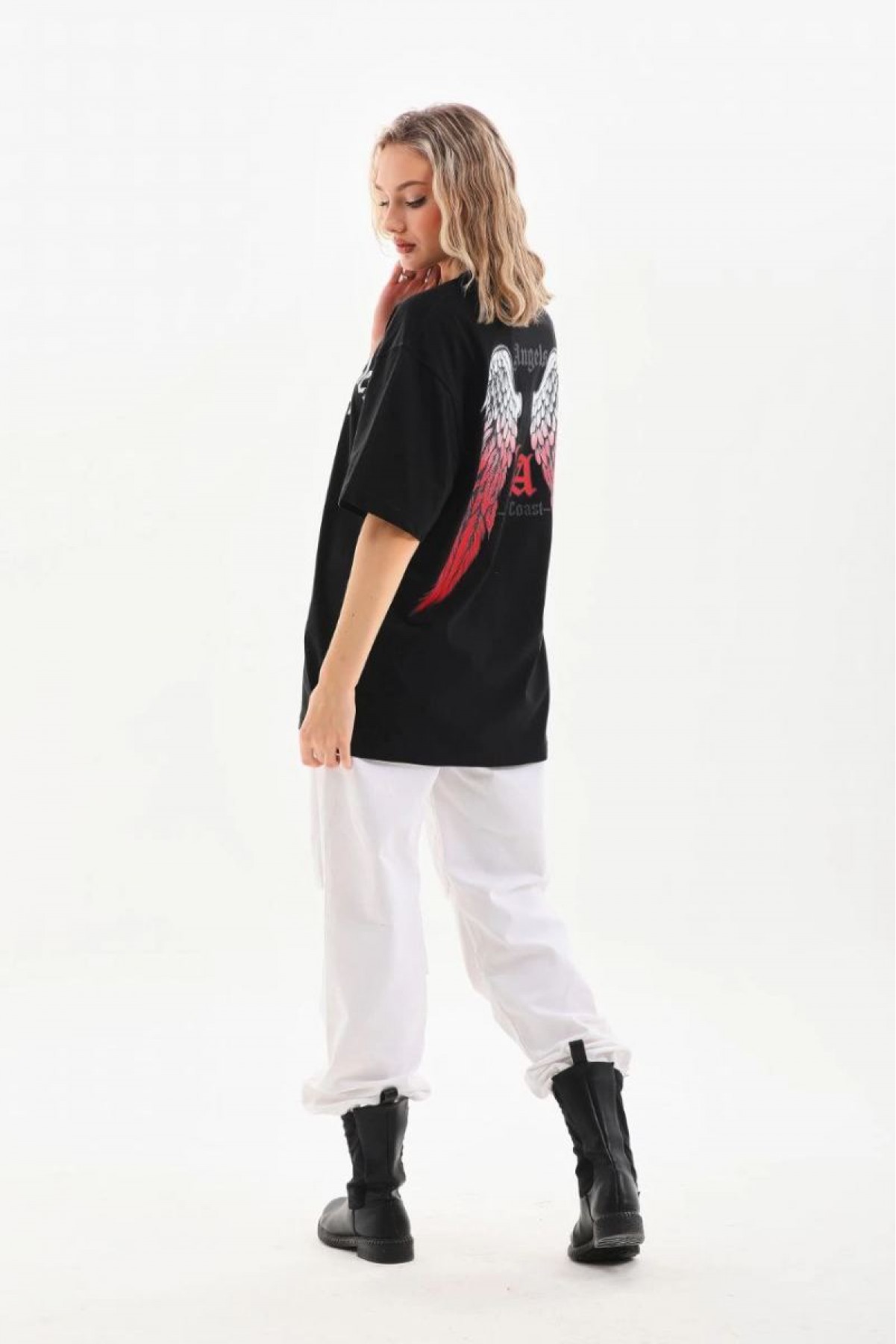 Kadın Baskılı Tişört Kısa Kol Bisiklet Yaka Oversize T-Shirt - Siyah
