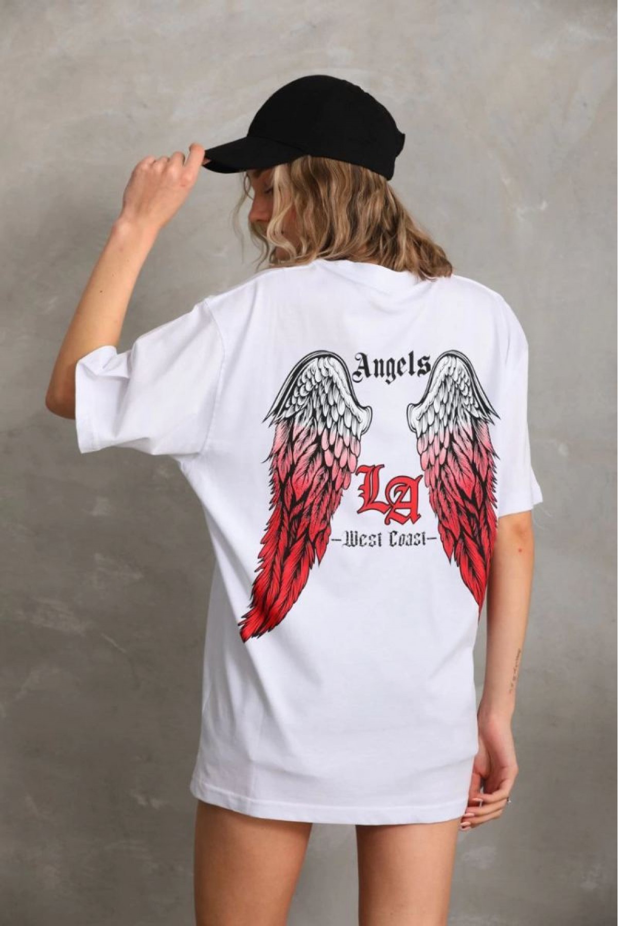 Kadın Baskılı Tişört Kısa Kol Bisiklet Yaka Oversize T-Shirt - Beyaz