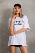 Kadın Baskılı Tişört Kısa Kol Bisiklet Yaka Oversize T-Shirt - Beyaz