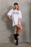 Kadın Baskılı Tişört Kısa Kol Bisiklet Yaka Oversize T-Shirt - Beyaz