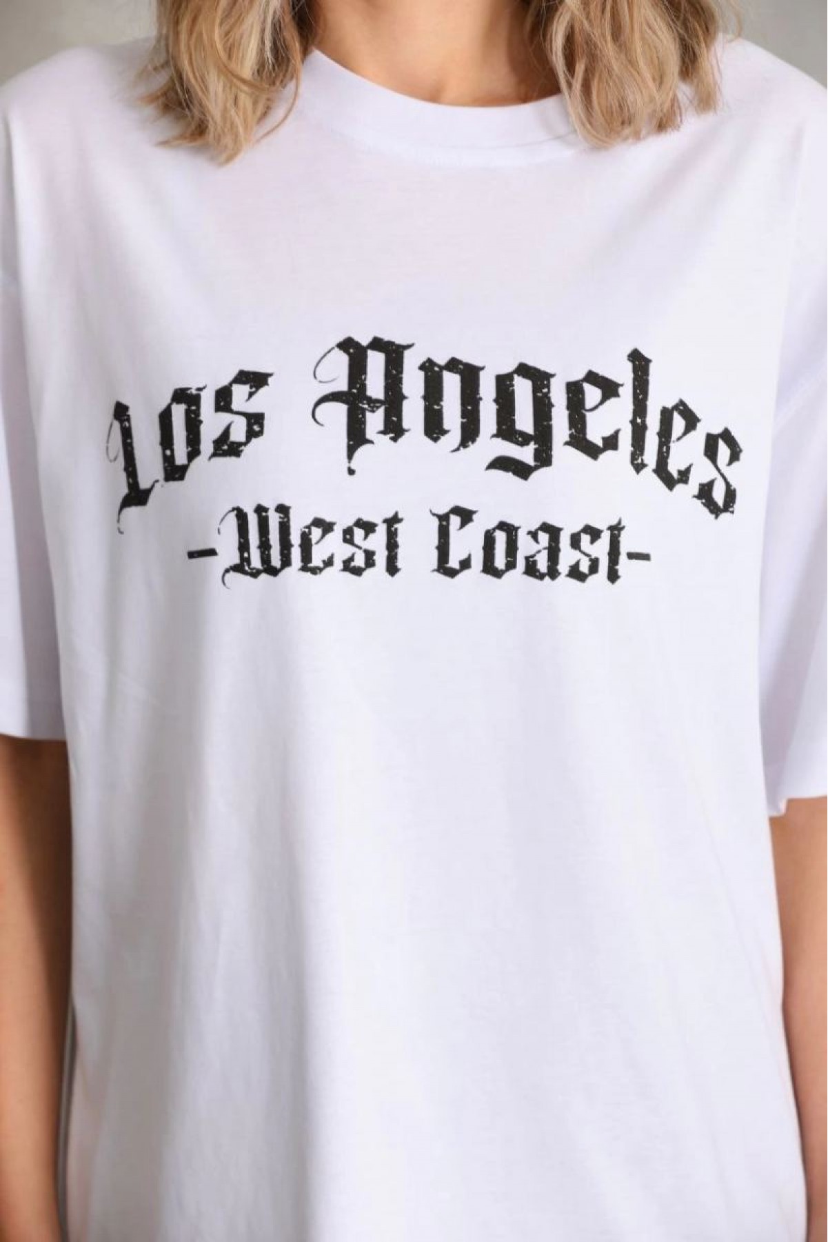 Kadın Baskılı Tişört Kısa Kol Bisiklet Yaka Oversize T-Shirt - Beyaz