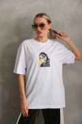Kadın Baskılı T-Shirt Kısa Kol Bisiklet Yaka Oversize Rahat Kalıp Günlük Tişört - Beyaz