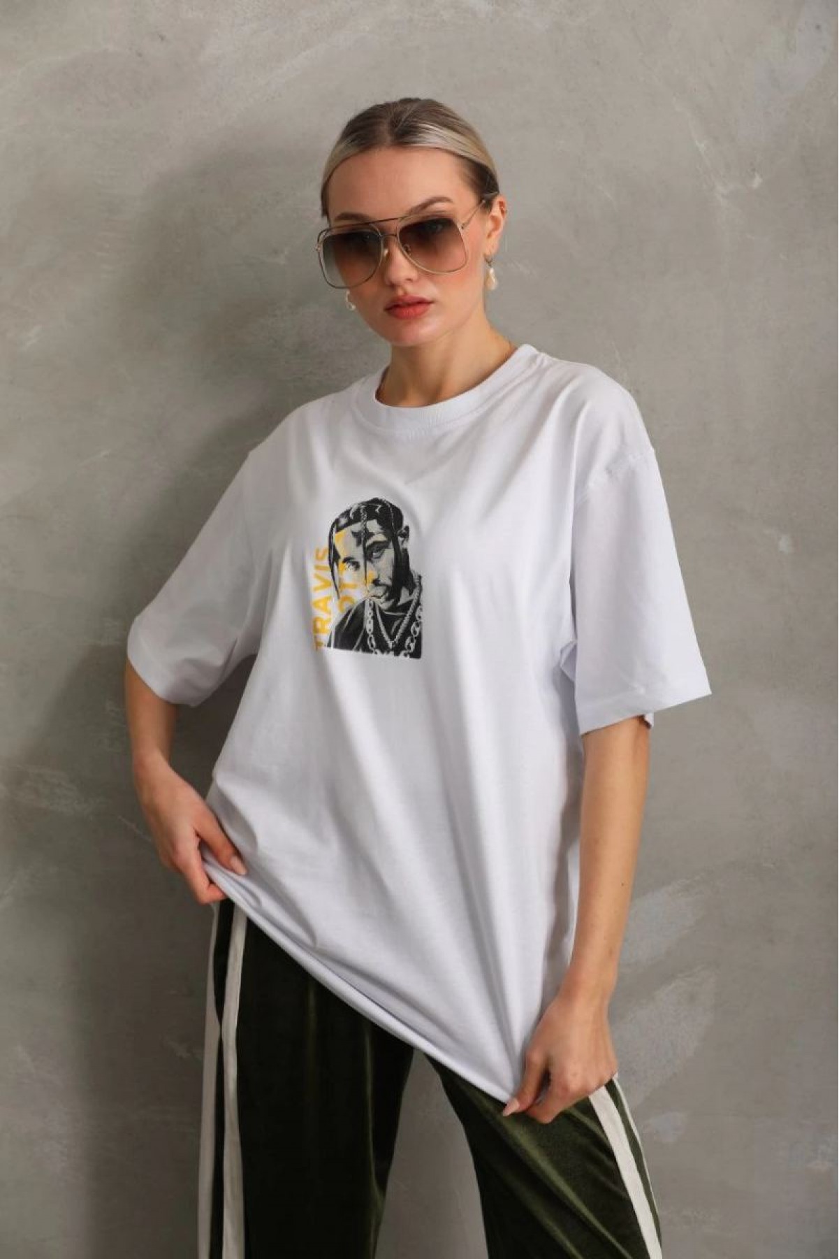 Kadın Baskılı T-Shirt Kısa Kol Bisiklet Yaka Oversize Rahat Kalıp Günlük Tişört - Beyaz