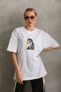 Kadın Baskılı T-Shirt Kısa Kol Bisiklet Yaka Oversize Rahat Kalıp Günlük Tişört - Beyaz