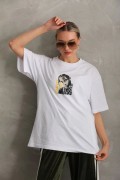 Kadın Baskılı T-Shirt Kısa Kol Bisiklet Yaka Oversize Rahat Kalıp Günlük Tişört - Beyaz