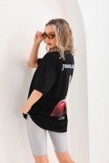 Kadın Baskılı T-Shirt Kısa Kol Bisiklet Yaka Oversize Rahat Kalıp Günlük Tişört - Siyah