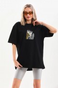 Kadın Baskılı T-Shirt Kısa Kol Bisiklet Yaka Oversize Rahat Kalıp Günlük Tişört - Siyah
