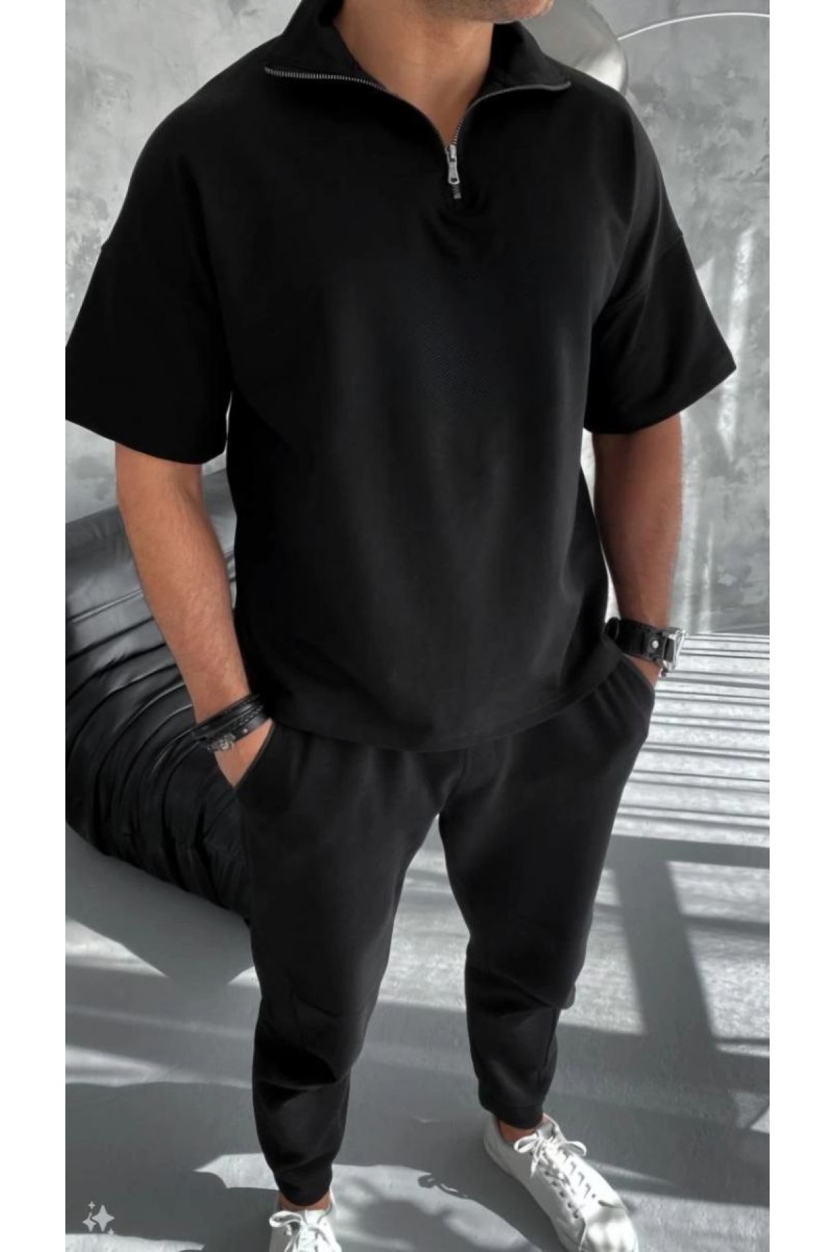 Erkek Yarım Fermuarlı Kısa kol T-Shirt - Siyah