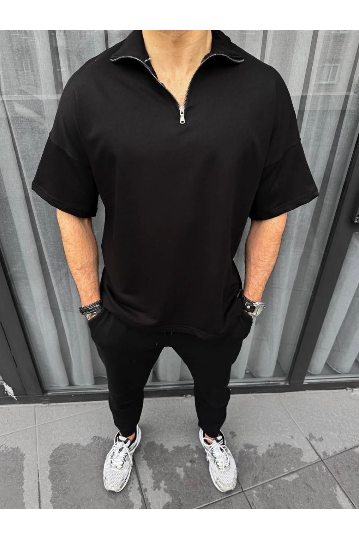 Erkek Yarım Fermuarlı Kısa kol T-Shirt - Siyah