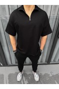Erkek Yarım Fermuarlı Kısa kol T-Shirt - Siyah