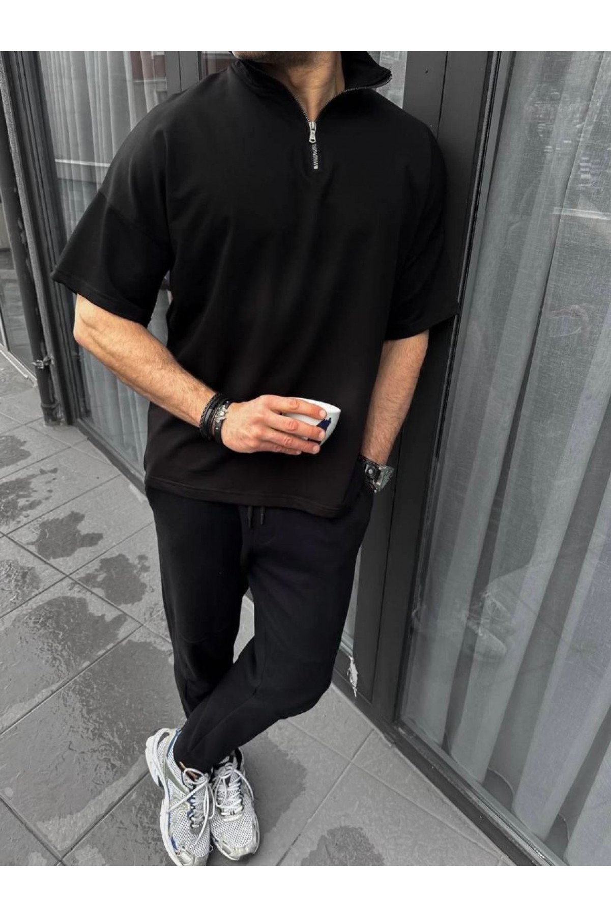 Erkek Yarım Fermuarlı Kısa kol T-Shirt - Siyah