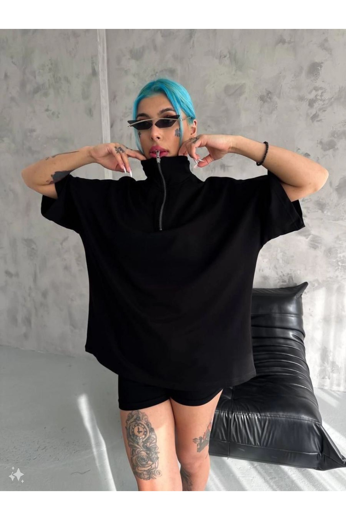 Kadın Yarım Fermuarlı Tişört Kısa kol T-Shirt - Siyah